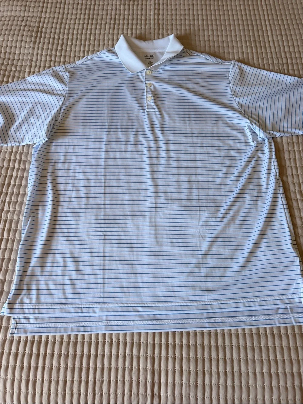 adidas Men’s White Polo with Thin Blue Stripes